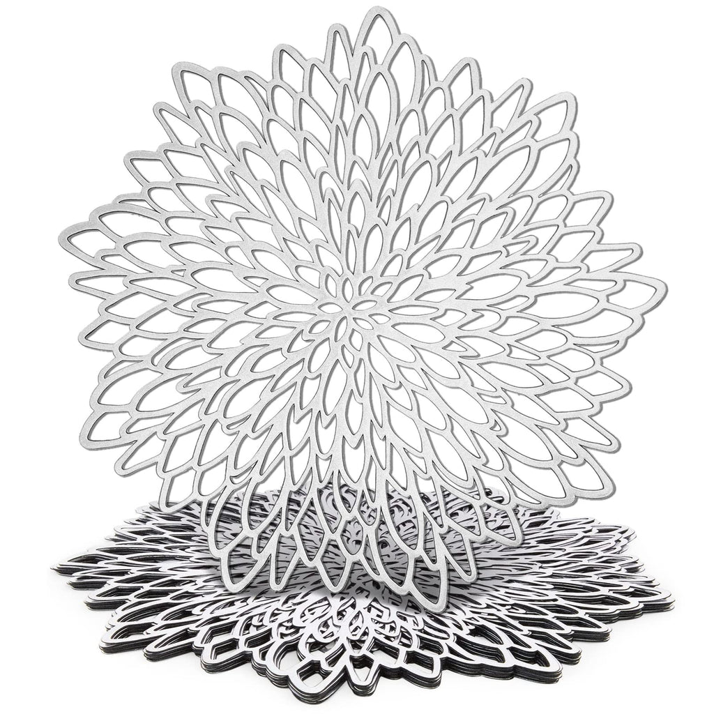 10 Pack Silver Metallic Vinyl Placemats - 14.4" x 14.4" Round Table Mats and Chargers with Leaf Design for Elegant