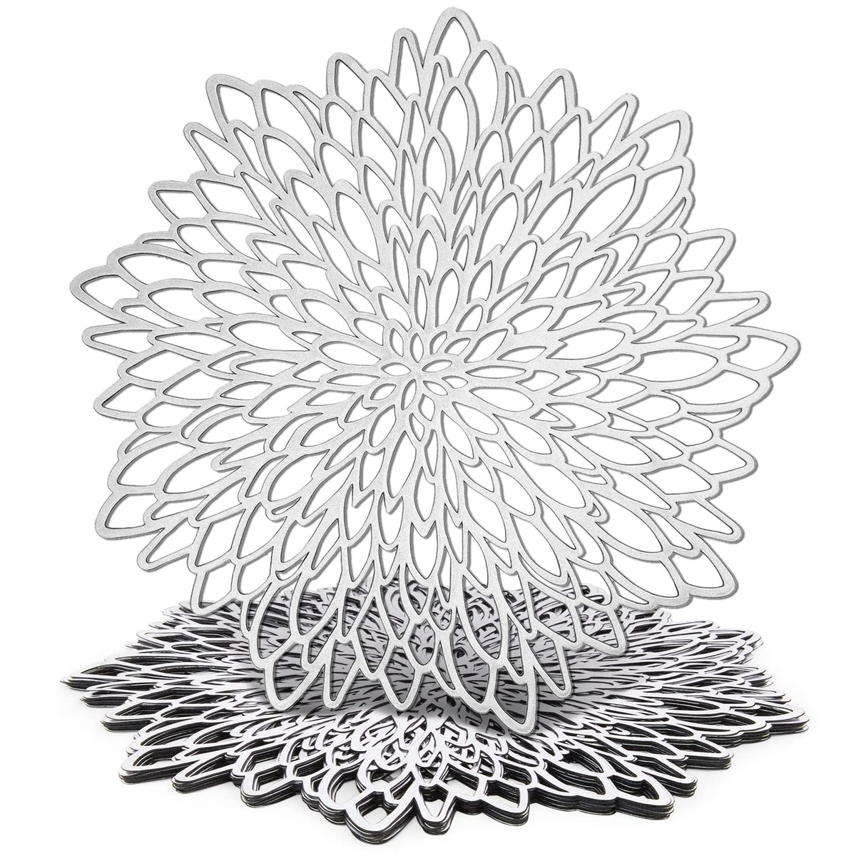10 Pack Silver Metallic Vinyl Placemats - 14.4" x 14.4" Round Table Mats and Chargers with Leaf Design for Elegant