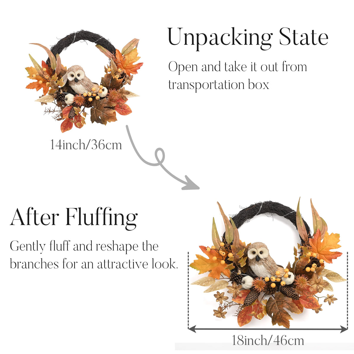 18'' Fall Wreath for Front Door with Owl Pumpkin