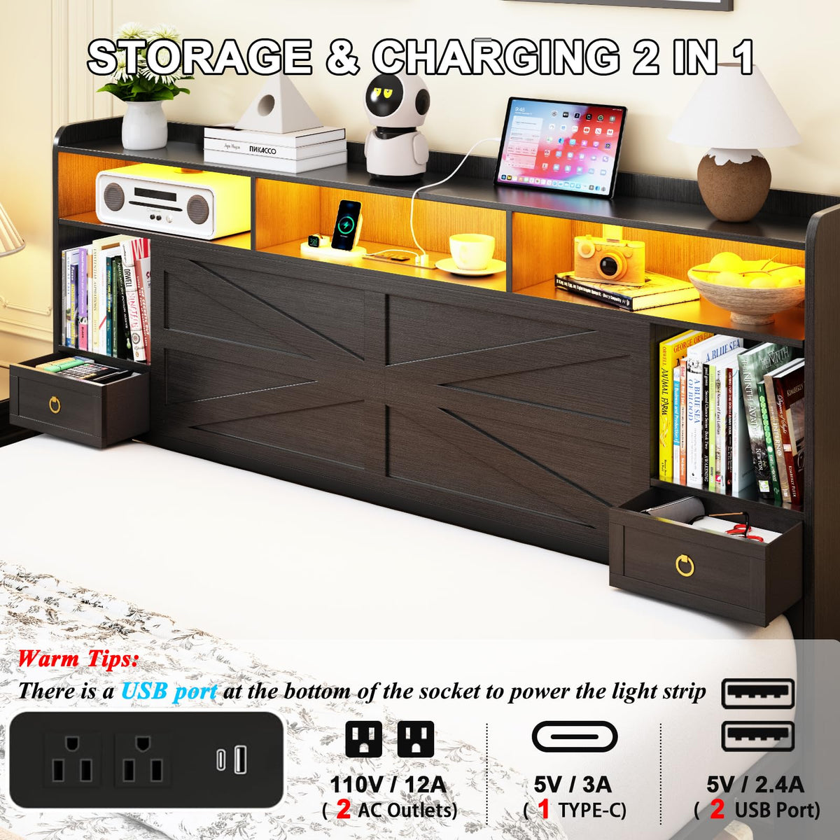 Bed Frame with Storage Headboard, Farmhouse Platform Bed Frame with Bookshelf, Drawers, LED Lights and Charging