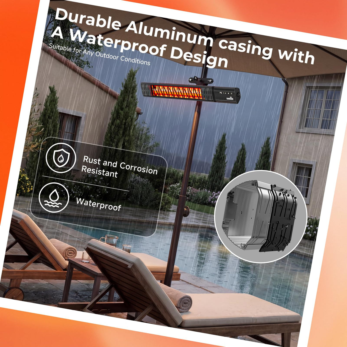 Electric Outdoor Heater Umbrella Wifi Control Wall-Mounted Hanging Patio 1500W Infrared 9 Heat Levels, 24H Timers