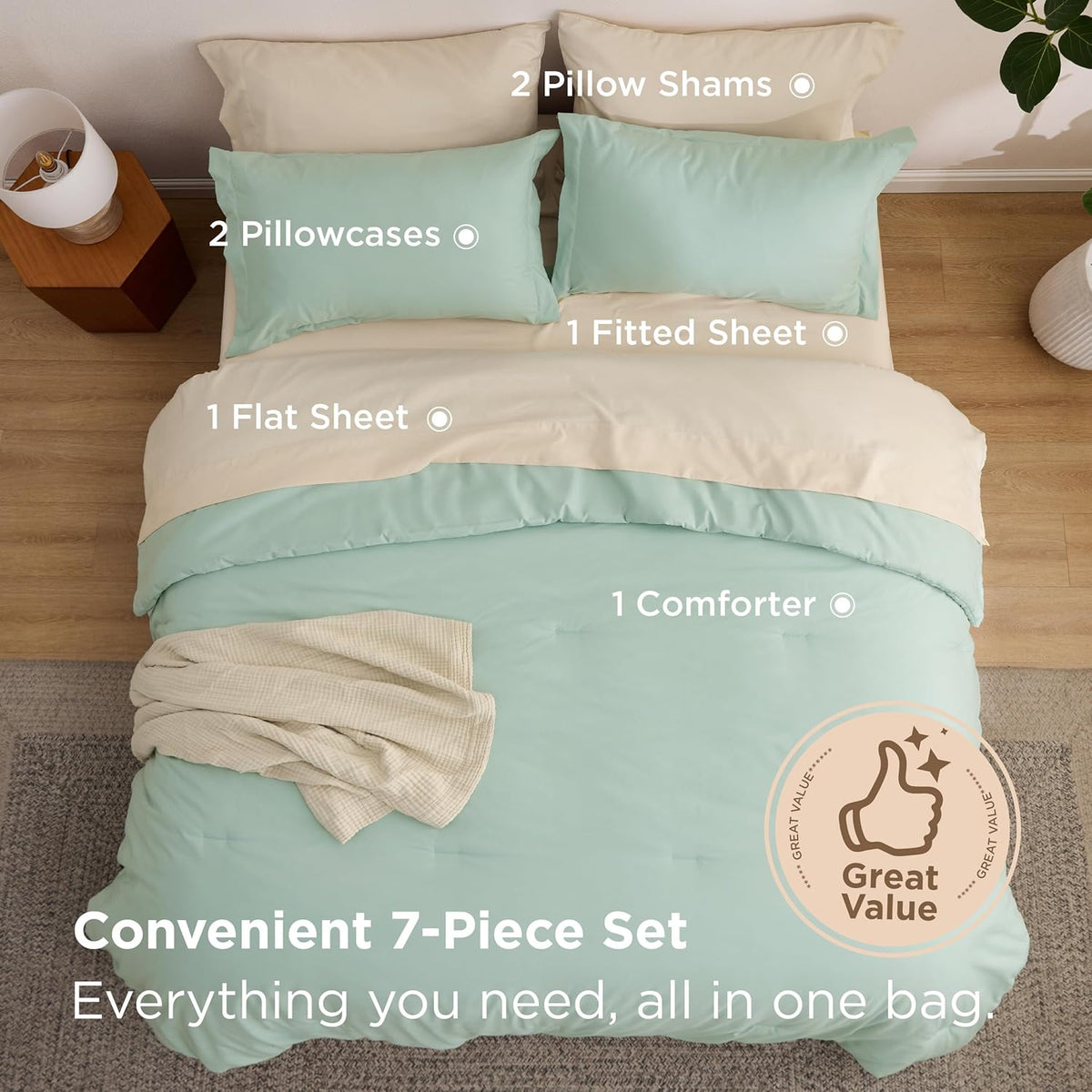 Comforter Set - 7 Pieces Sage Green Bedding Set for All Seasons