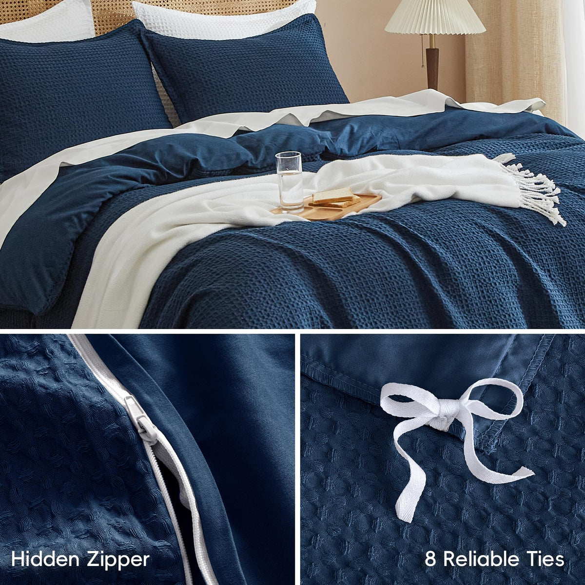 Waffle Duvet Cover, Ultra Soft & Breathable, 90"x90", Navy Blue