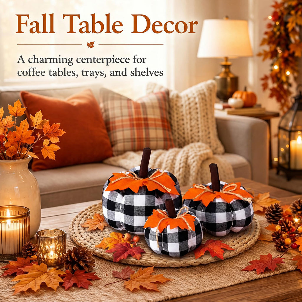 3 Pcs Fall Pumpkins Decor Black White Pumpkins with Orange Leaves