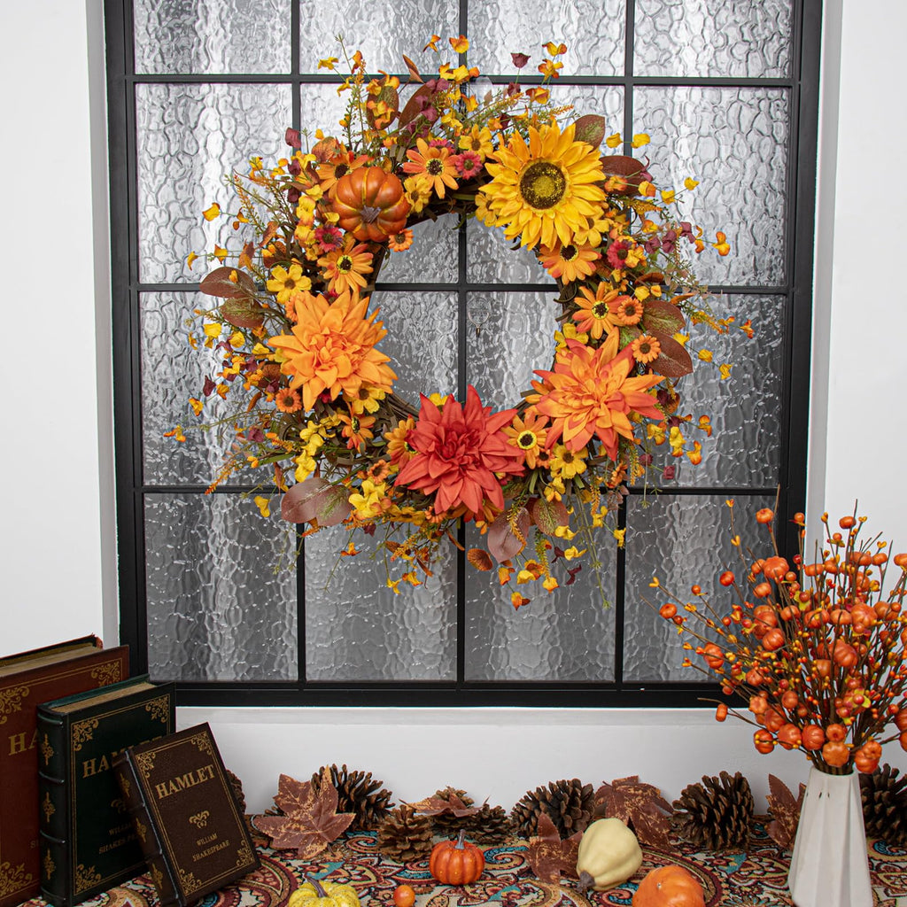 Fall Wreaths for Front Door 20 Inch Artificial Fall Wreath Autumn Flower Wreath with Sunflower Daisy Dahlia Pumpkin