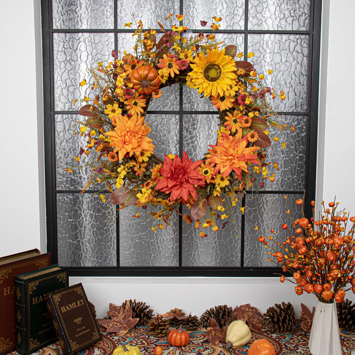 Fall Wreaths for Front Door 20 Inch Artificial Fall Wreath Autumn Flower Wreath with Sunflower Daisy Dahlia Pumpkin
