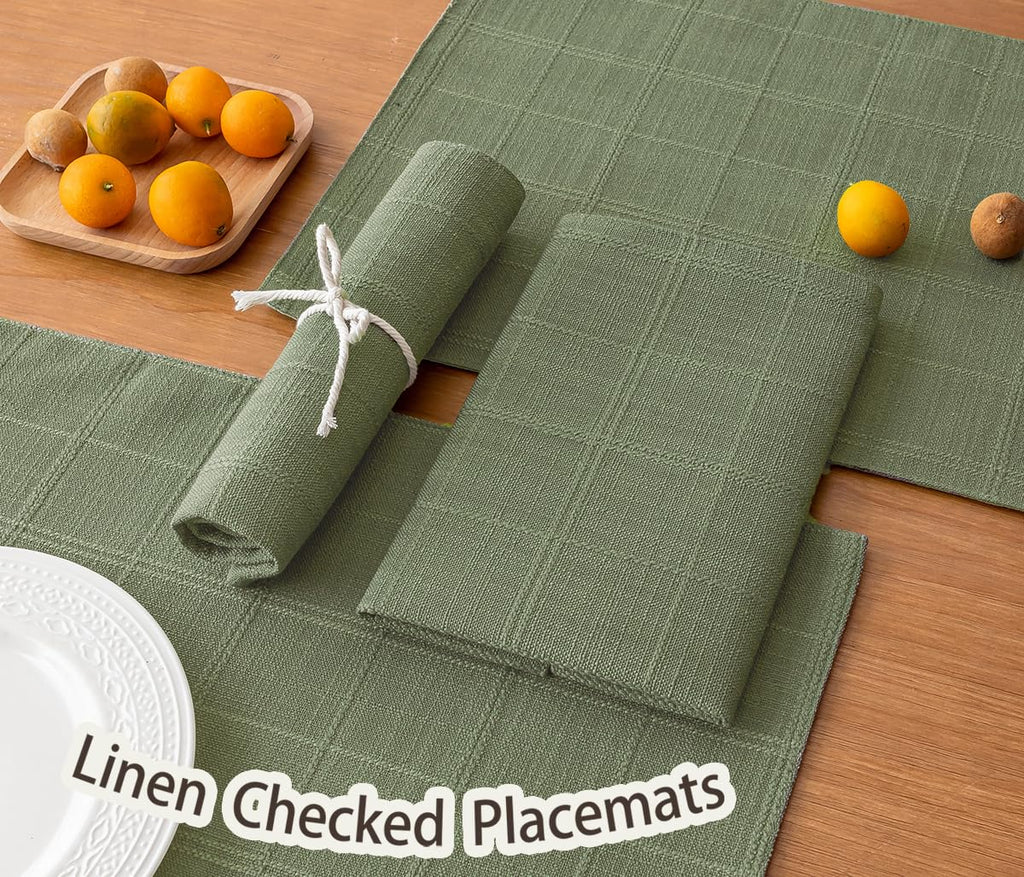 Linen Checked Placemats Set of 6, Sage Green Place Mats 12x18 Inch