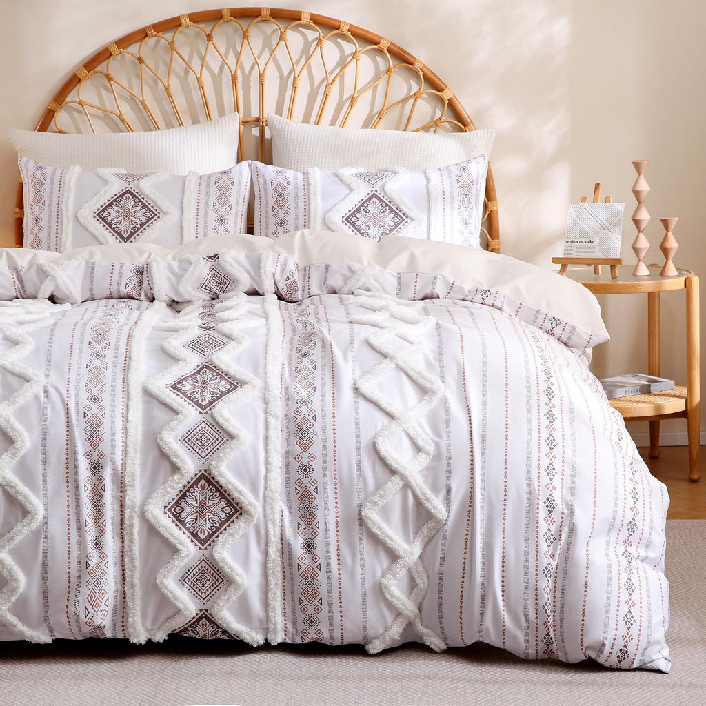 Light Brown 100% Cotton Boho Duvet Cover Set Queen Size, 3-Piece Tufted Textured Modern Boho Moroccan Bedding, Aztec