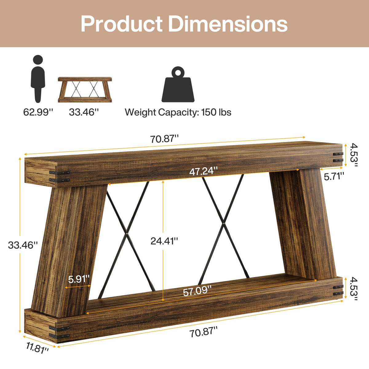 70.87" Farmhouse Console Table with Storage (Dark Brown)