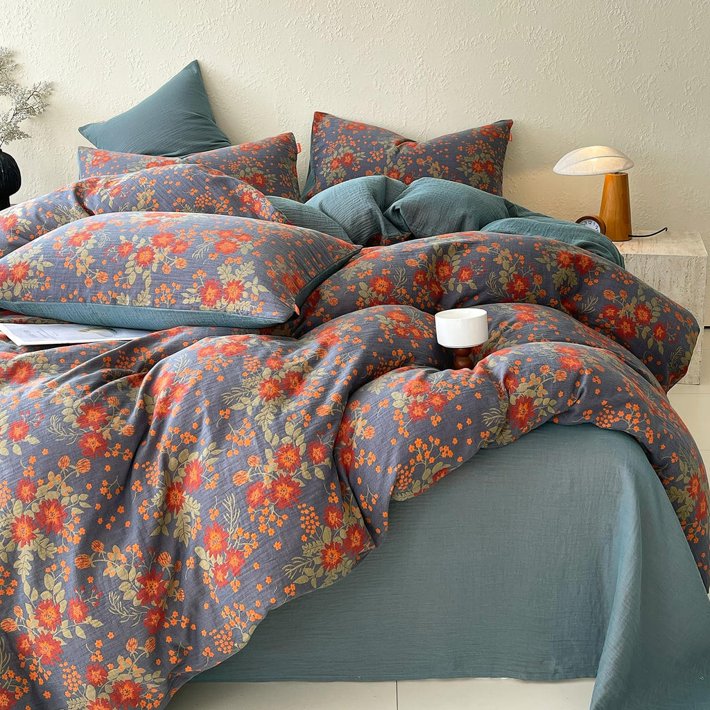Vintage Garden Floral Duvet Cover Queen Soft 100% Muslin Cotton Jacquard Texture Bedding Set Chic Vibrant Floral
