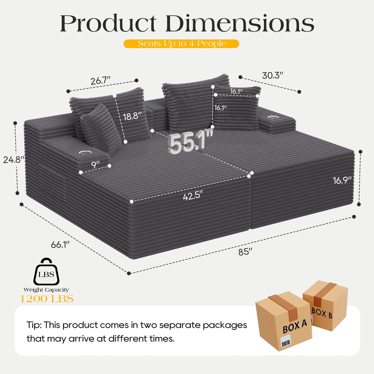 85'' Loveseat Chaise Lounge Chair, Oversized Double Boneless Couch