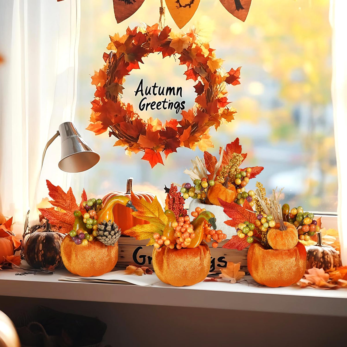 Set of 6 Artificial Pumpkins Decorations, Decorative Fabric Orange Pumpkin with Maple Berry Acorn Pine Cone
