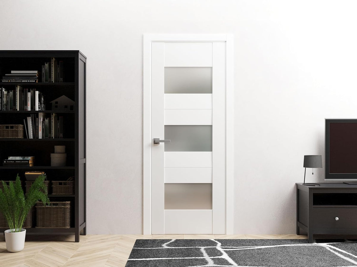 Solid French Door Opaque Glass 42x84 inches/Sete 6003 White Silk/Single Regular Panel Frame Handle/Bathroom Bedroom Modern Doors