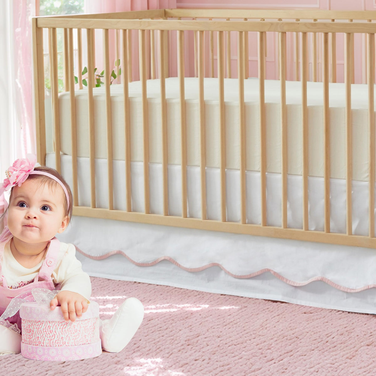 Scallop Edge Cotton Crib Skirt Toddler Bedskirt Baby Nursery Crib Bed Skirt Double Layer Boho Bohemian Neutral Solid