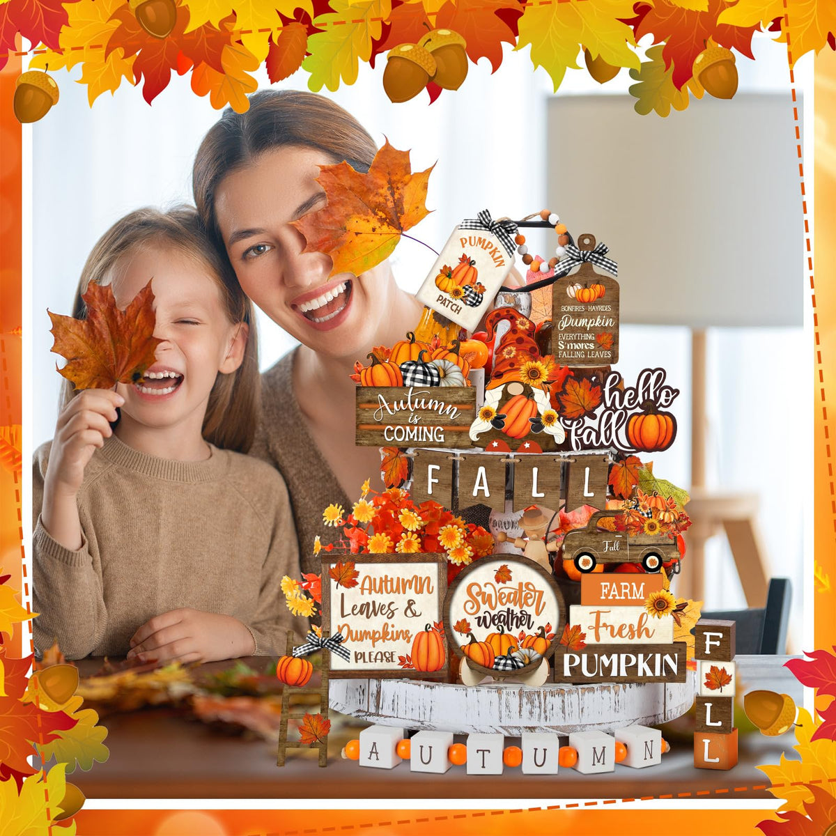 21 Pcs Fall Tiered Tray Decor Set Vintage Pumpkin Gnome Truck