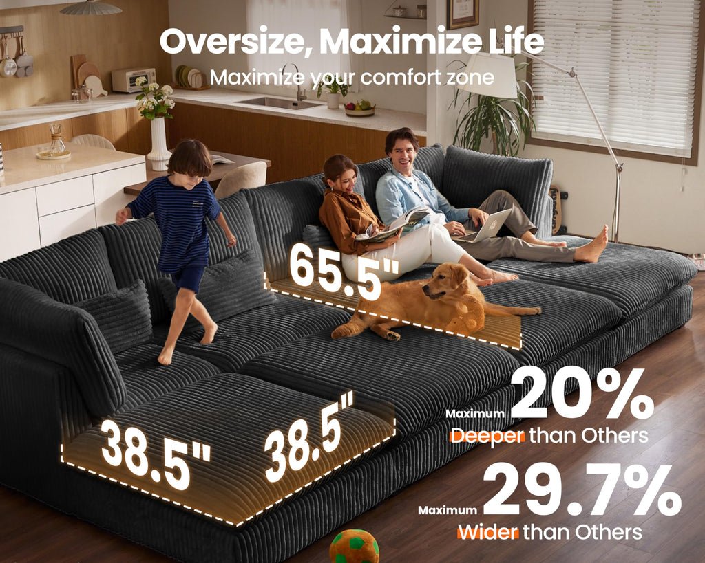 154" Oversize Corduroy Modular Sectional Sofa Couches, Black