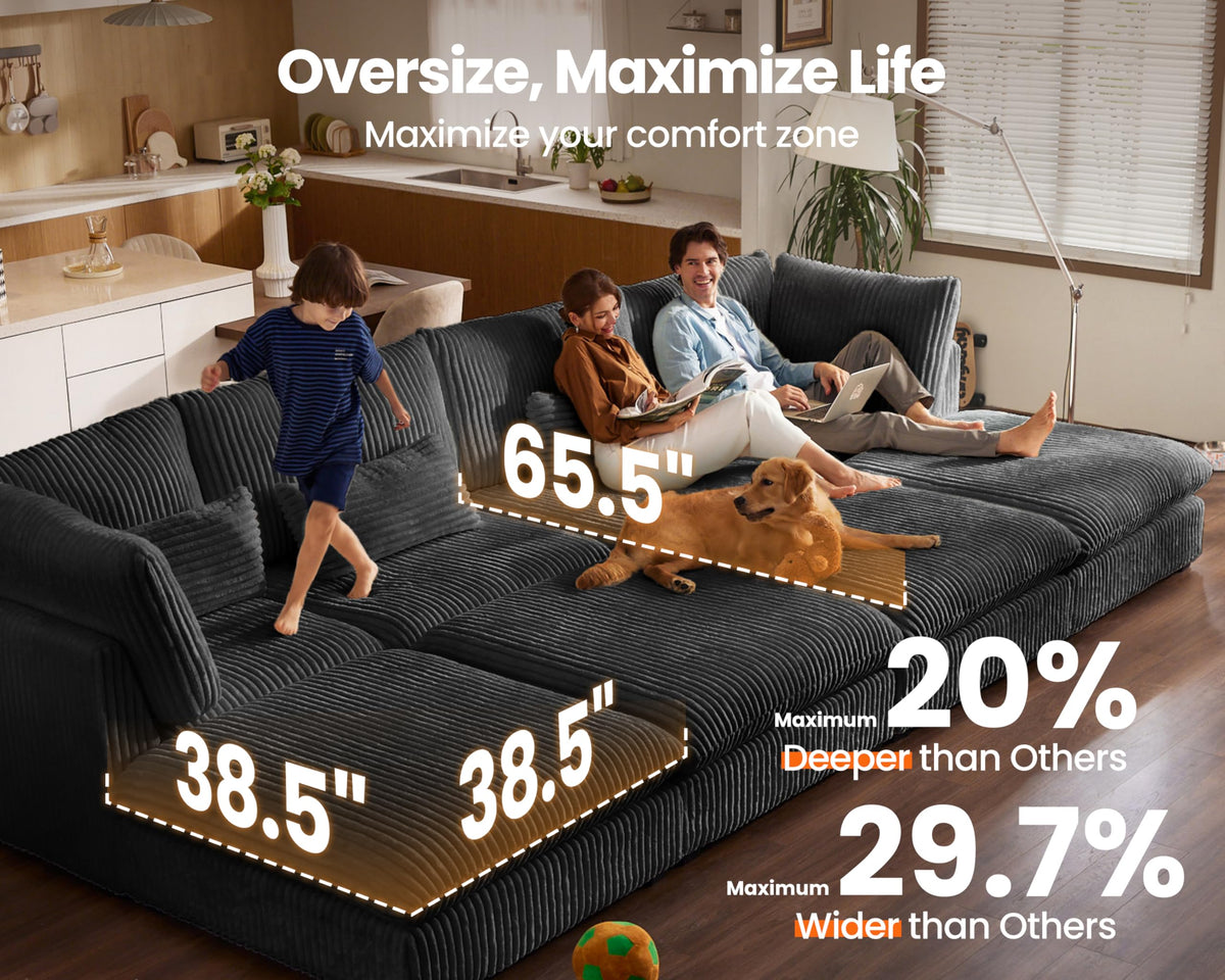154" Oversize Corduroy Modular Sectional Sofa Couches, Black