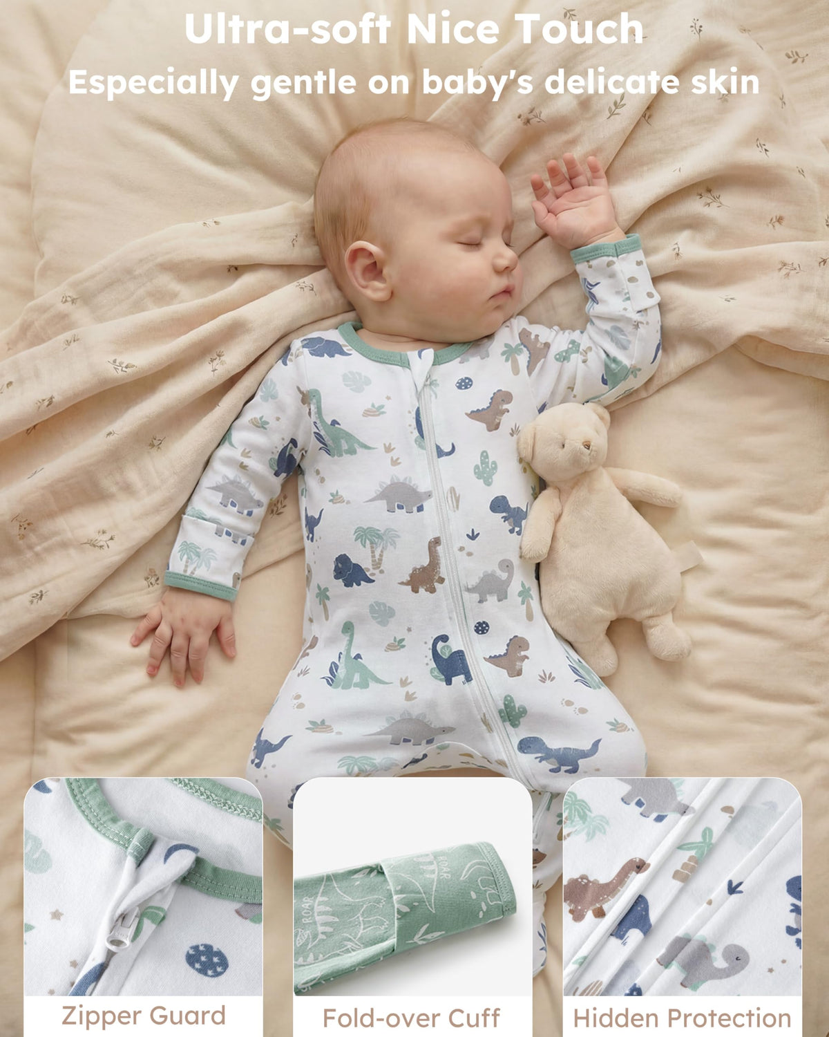 Baby Boy Sleepers 100% Cotton Footie Pajamas, Newborn 0-3 3-6 with Way Zipper & Mitten Cuffs, Ultra Soft