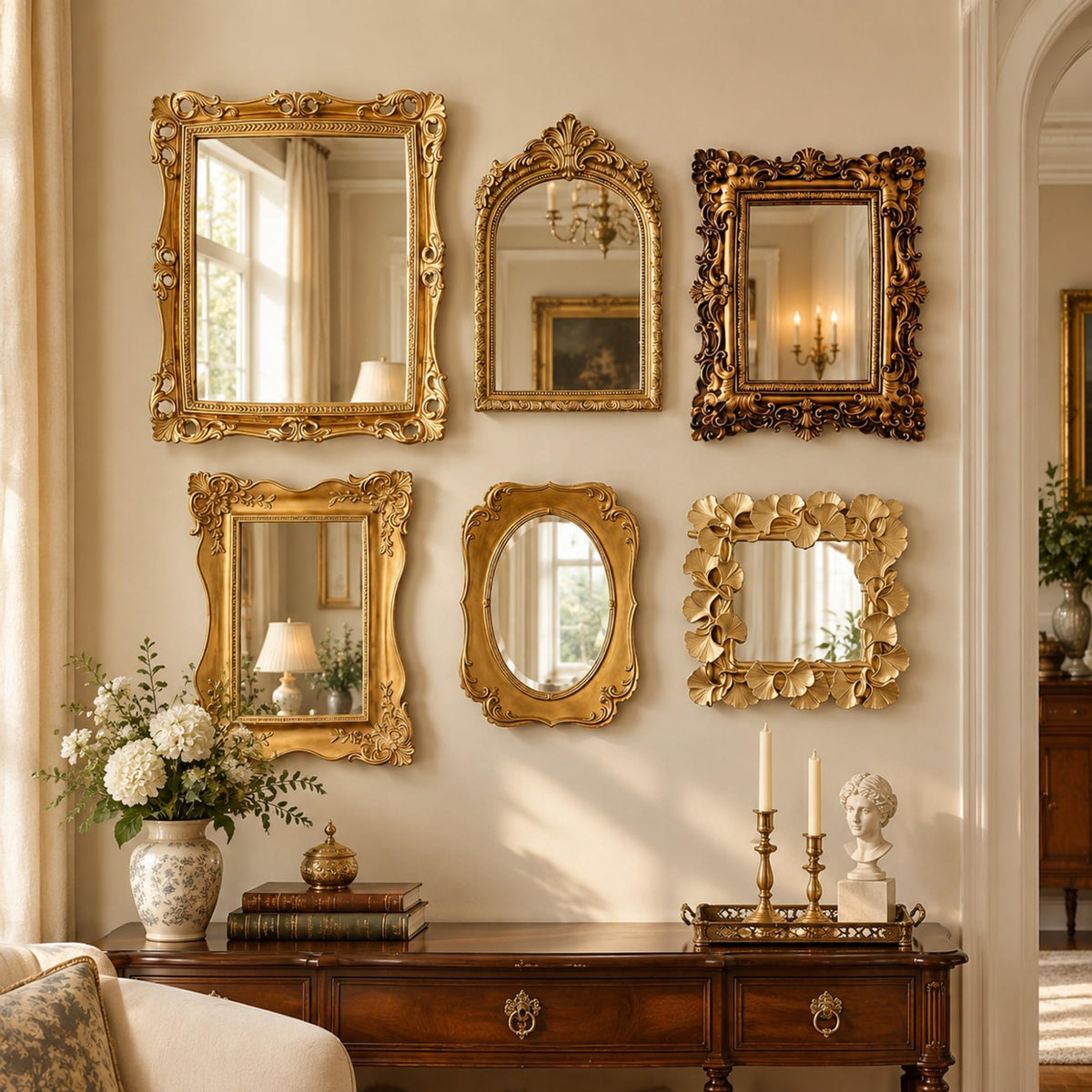 6 Pack Vintage Gold Mirror for Wall Gold Antique Wall Hanging Mirrors Decorative Resin Frame Baroque Style Assorted