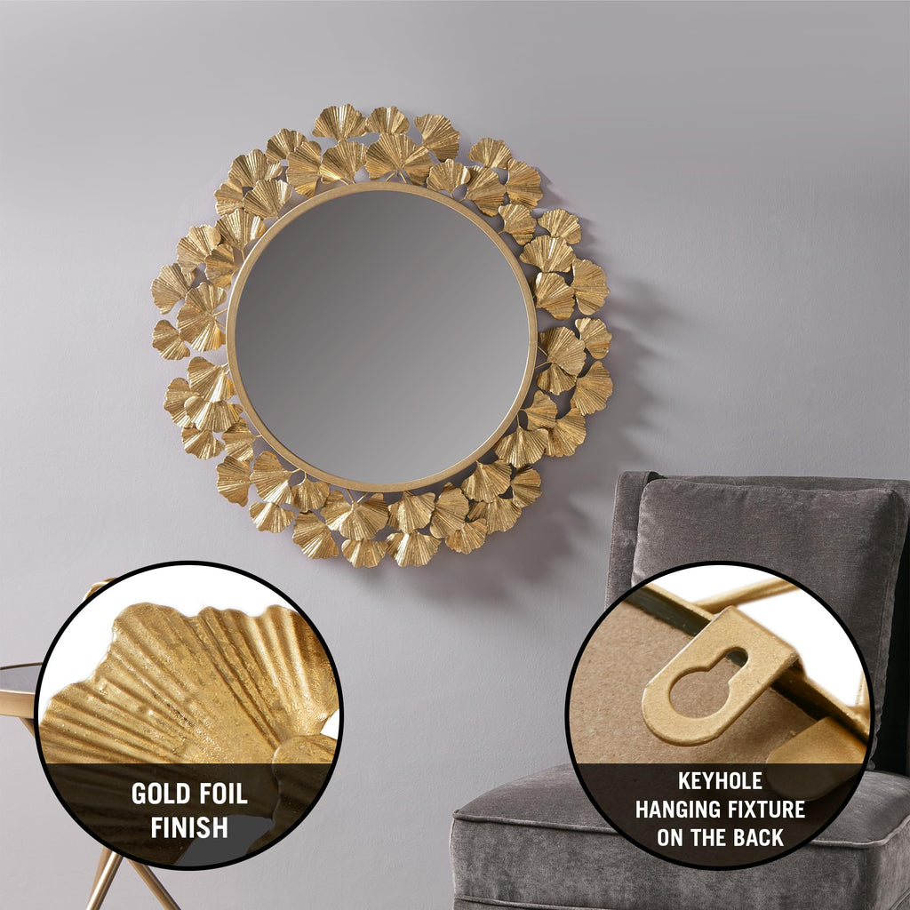 Wall Décor Large Gingko Leaf Round Wall Mirror, Iron Metal Plate Frame Antique Finish, Ready to Hang Bedroom