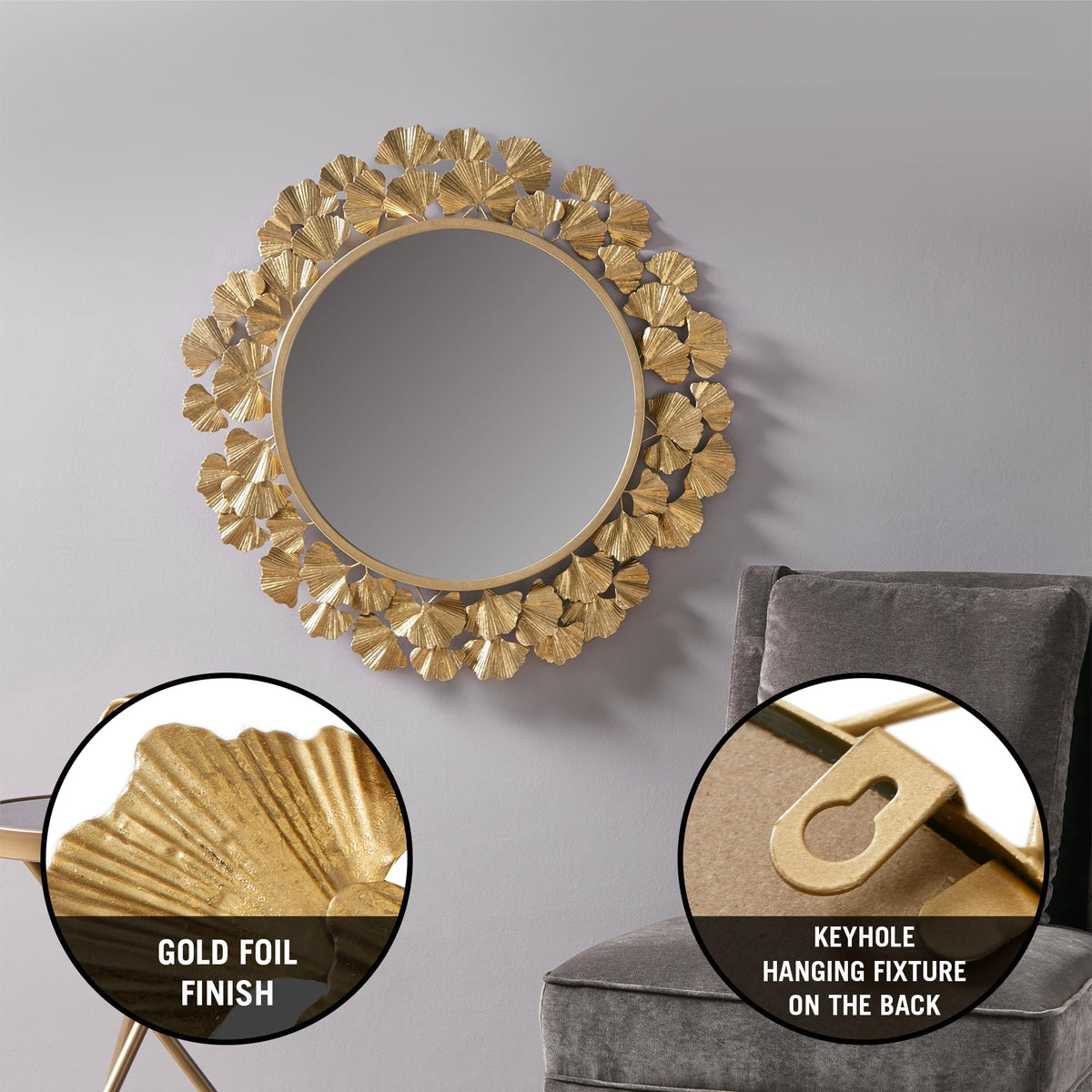 Wall Décor Large Gingko Leaf Round Wall Mirror, Iron Metal Plate Frame Antique Finish, Ready to Hang Bedroom