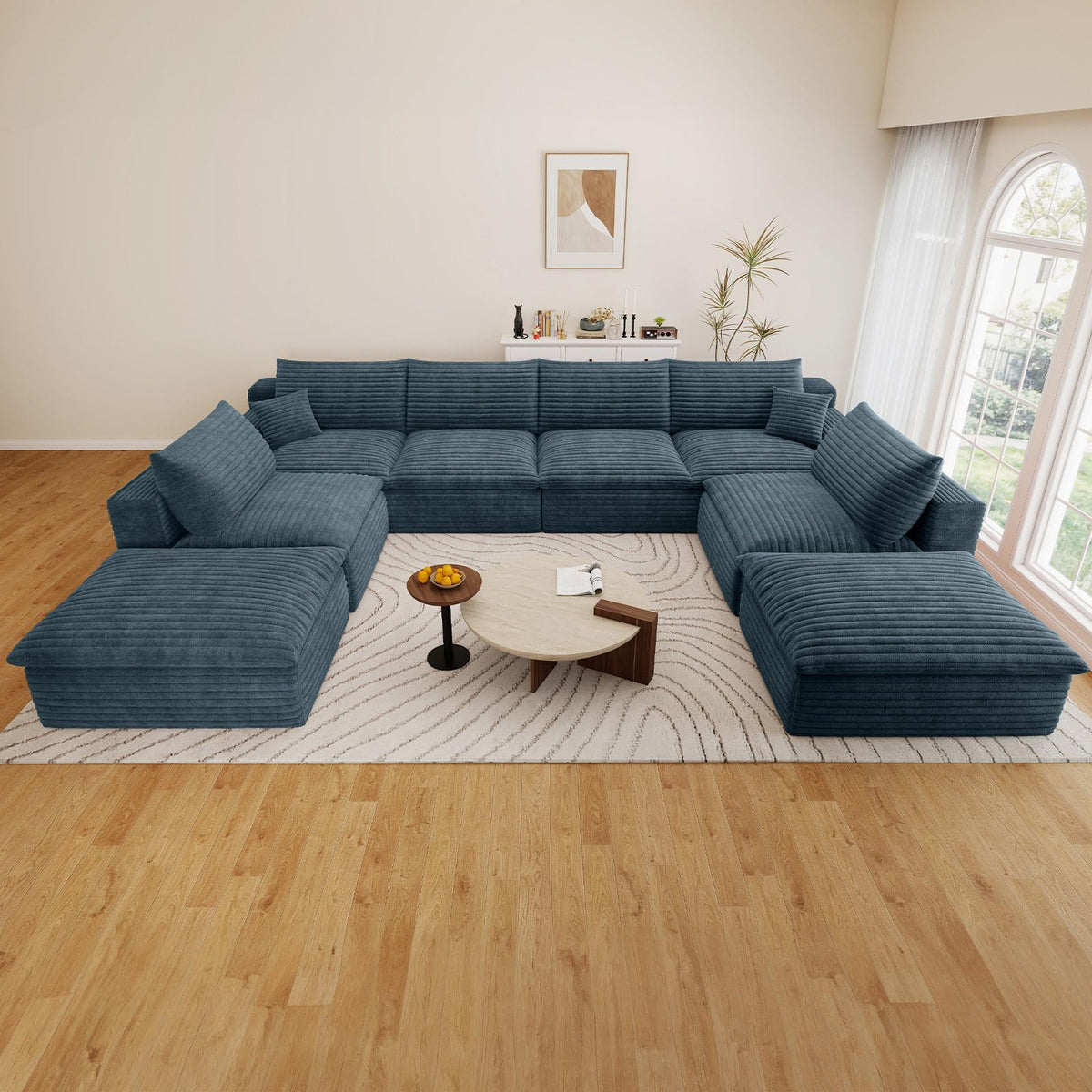 136" Cloud Sectional Couch with U-Shaped Chaise, 6-Seater Corduroy Viral Boneless Sofa with Ottoman, Memory Foam