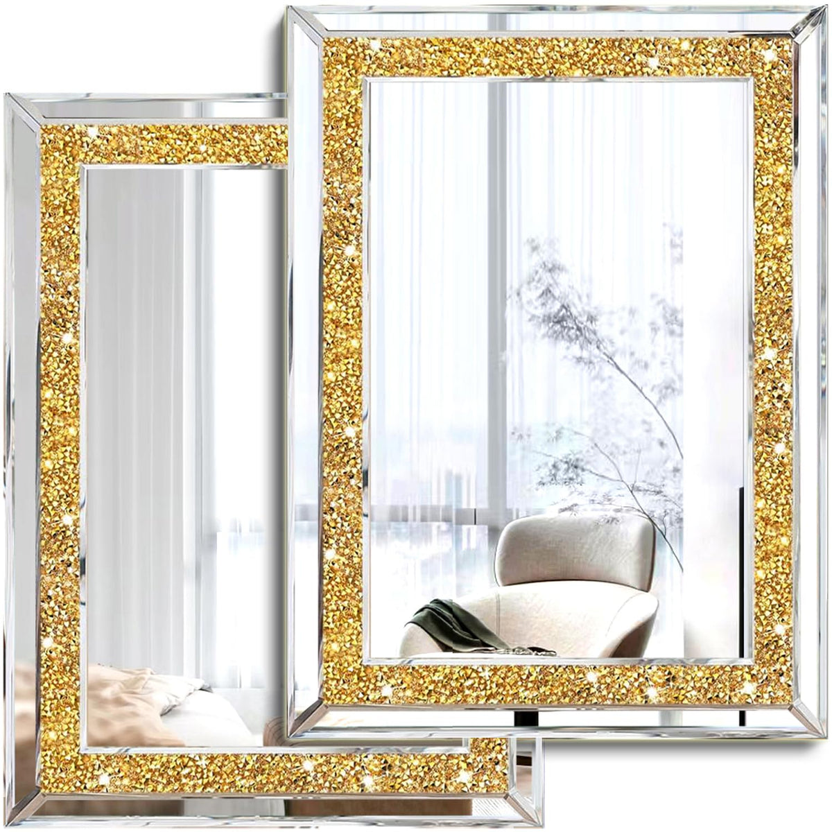 2 Piece Wall Mirrors, Crush Diamond Wall Decor, Gold Color Decorative Mirrors . (11'x15')