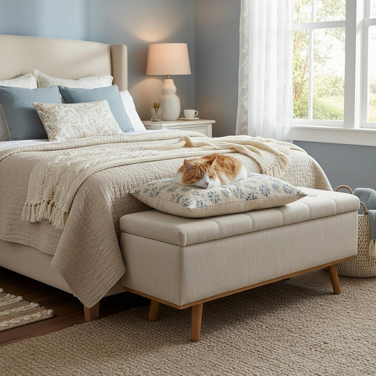 Storage Ottoman Bench, 45" End of Bed Bench, Beige | Hidden Storage Space, Linen Upholstery, Padded Cushion Top