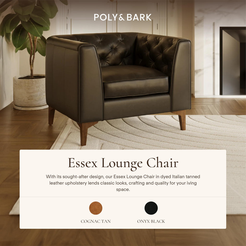 & BARK Essex 40" Lounge Chairs Set of 2 - Onyx Black Semi-Aniline Italian Leather, Tufted Back & Arms, Feather-Down