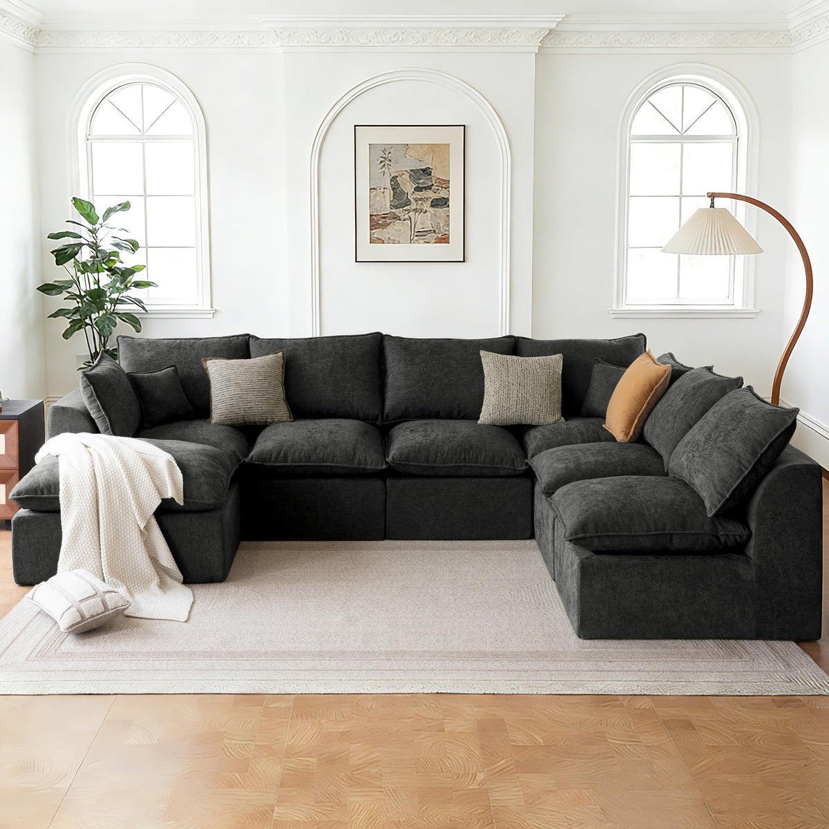 126" Oversized Cloud U-Shape Modular Couch, No Assembly, Black