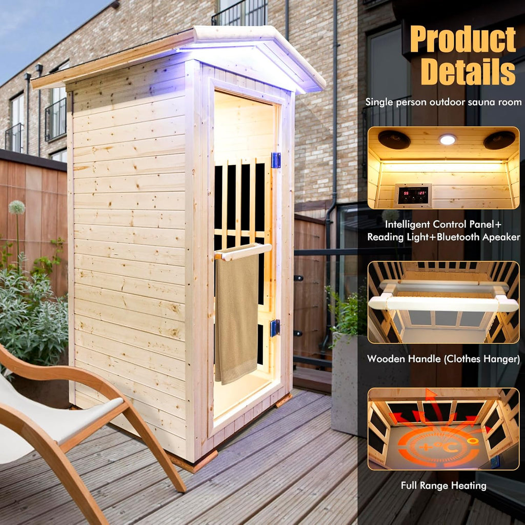 Outdoor Sauna Wooden Far Infrared Saunas Spa 1550W Low-EMF Dry Sauna Room for One Person Finland Spruce Wood