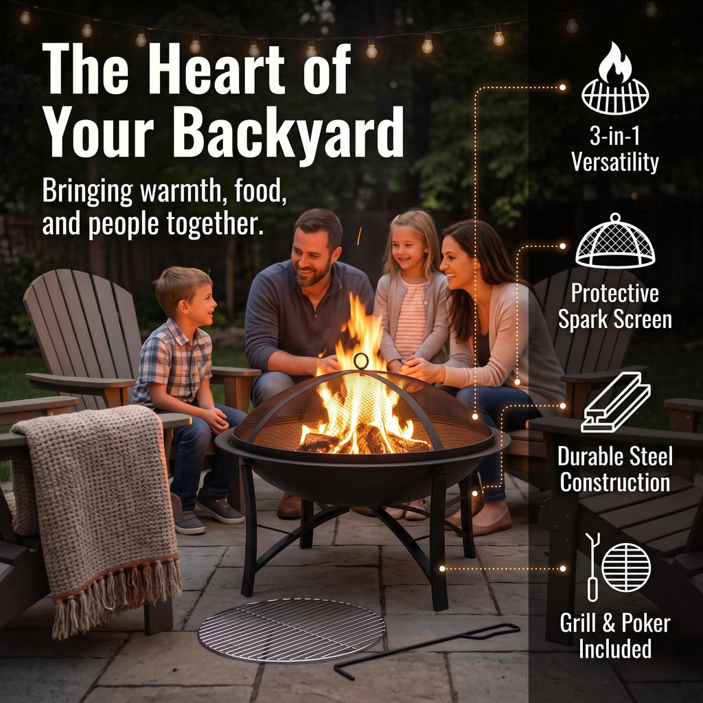 22" Wood Burning 2-in-1 BBQ Fire Pit with Spark Screen, Black