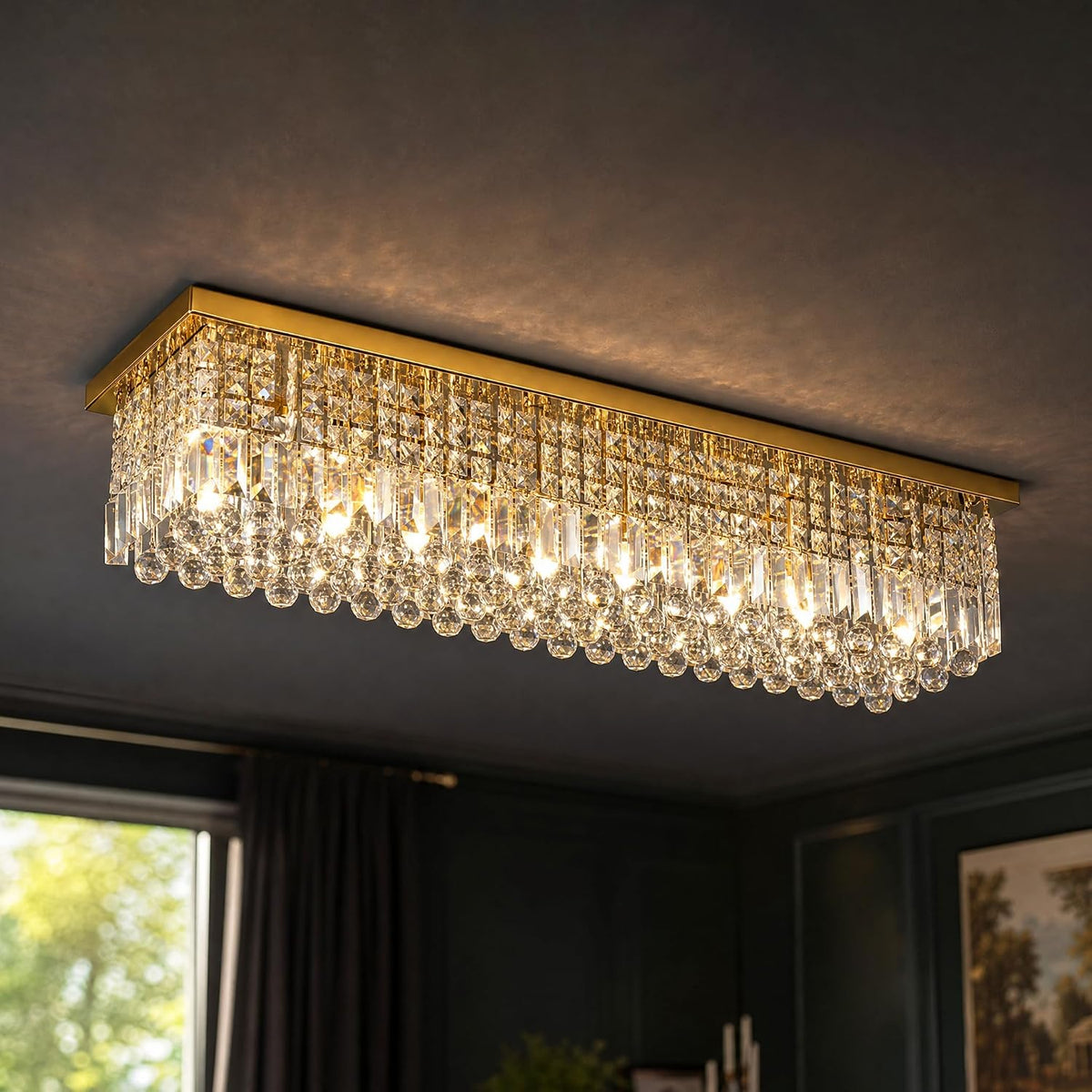 Eight-Light Rectangular Crystal Chandelier for Dining and Islands