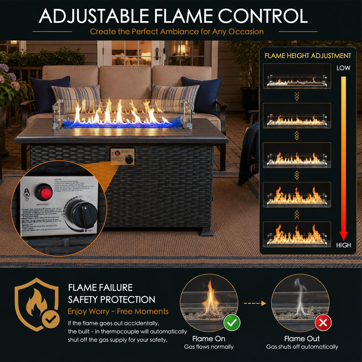 Outdoor Patio Propane Gas Fire Pit Table 50, 000 BTU Wicker Design