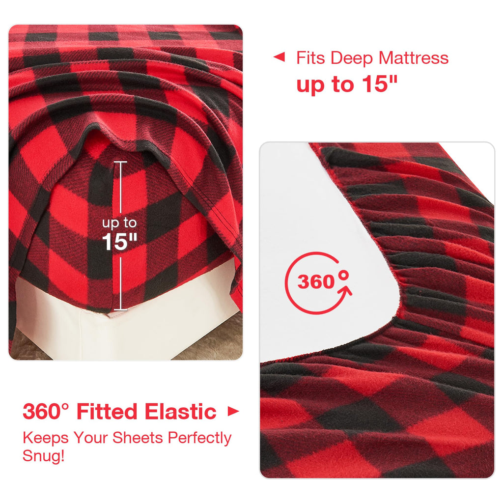 Fleece Sheet Set, Soft Plush Bed Sheets, 4-Piece, Red Buffalo Plaid