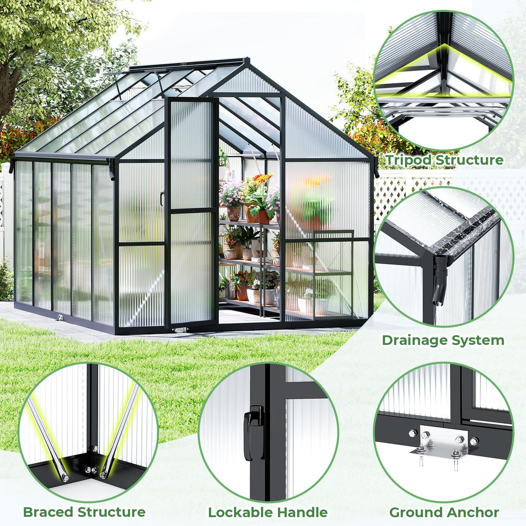 8x10FT Galvanized Steel Greenhouse, Walk-in Green House for Outdoor