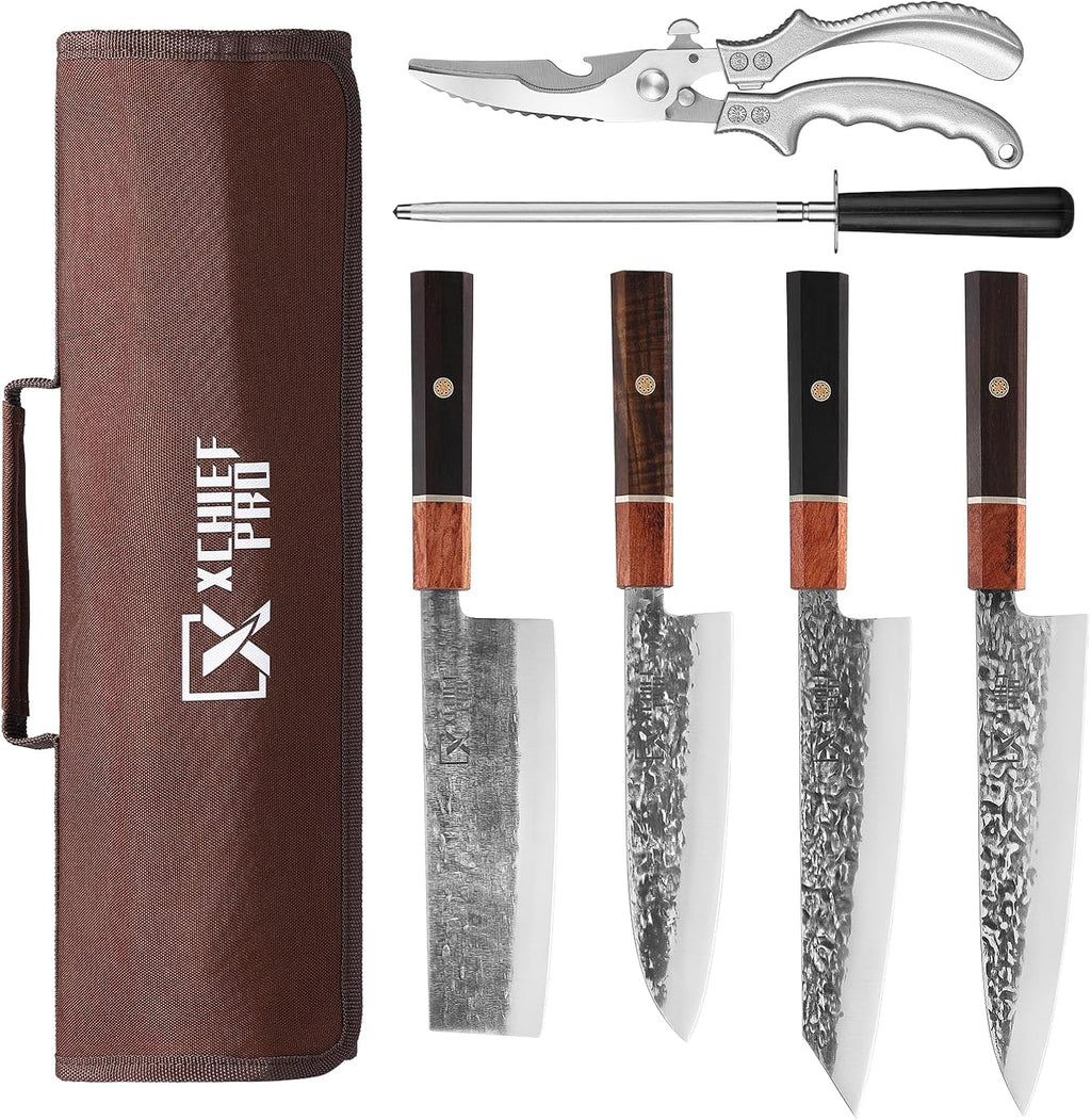 Japan Knife Set, High Carbon Steel Japan Nakiri Santoku Knife Set, Hand Forged Meat Cleaver Butcher Knife with
