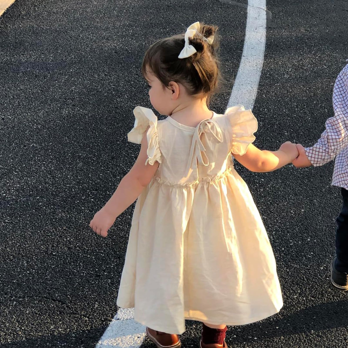 Toddler Baby Girls' Cotton-Linen Sundress with Ruffle Halter Sleeveless and Swing Dress Beige 90