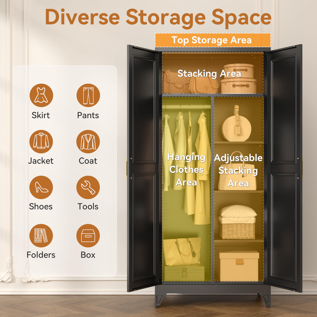 Metal Armoire Wardrobe Closet, 71" Tall Wardrobe Cabinet with 2 Doors