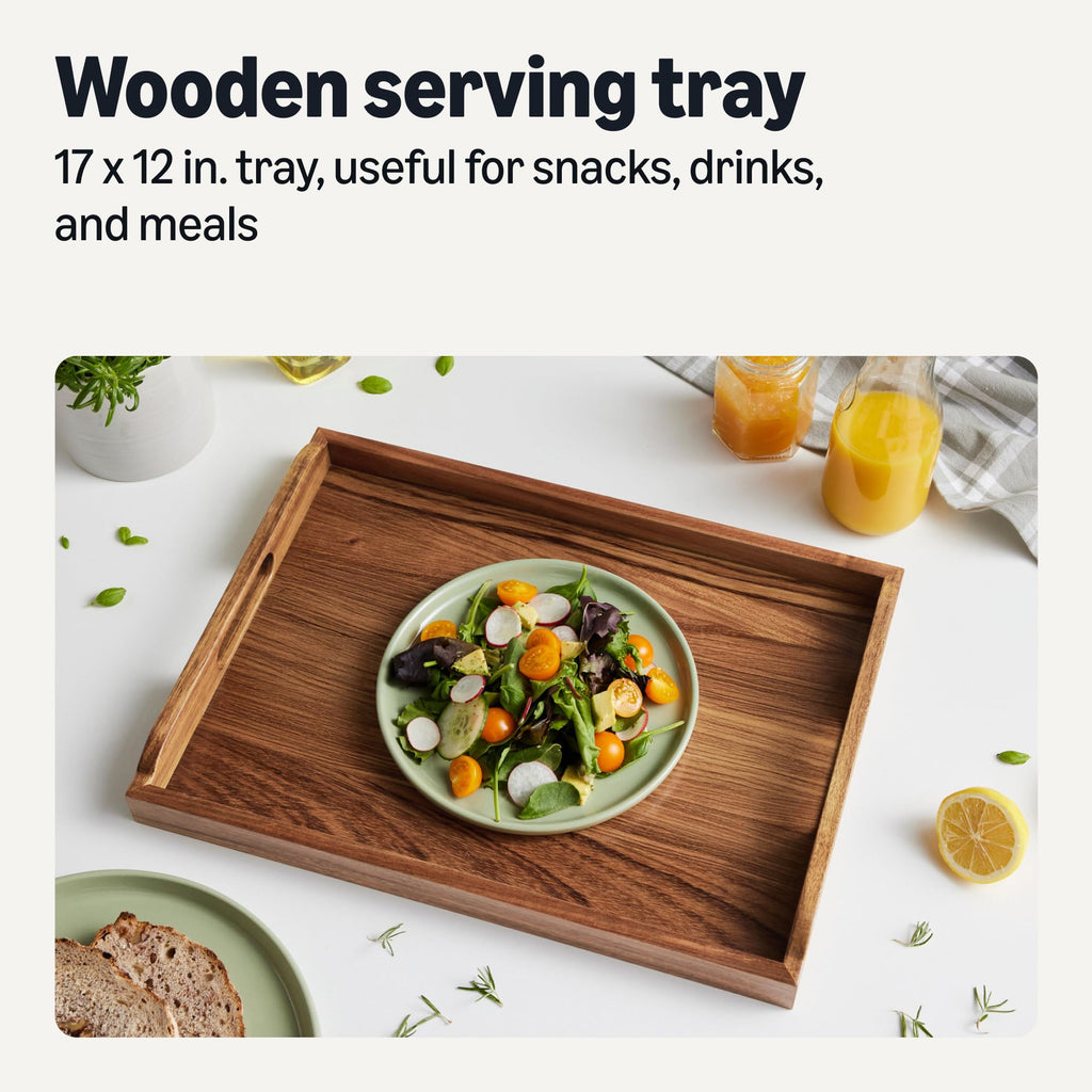 Wooden Serving Tray, 17" x 12" Acacia Wood Decorative Tray Platter With Built-in Handles for Breakfast in Bed, Food &