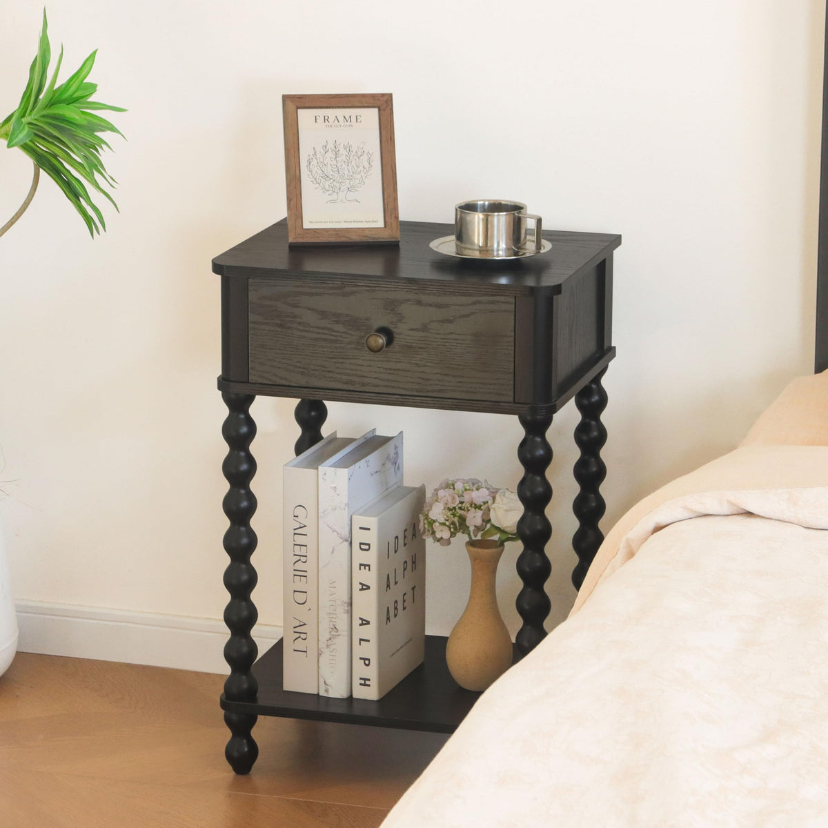 Black Nightstand, Bedroom Side Table with Drawer, Small Bedside End Table with Spindle Wood Legs, Black