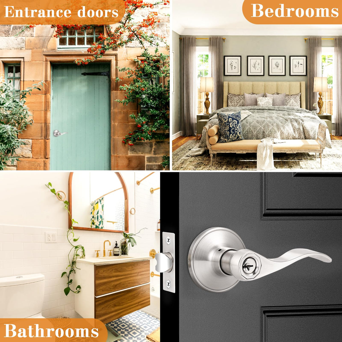 Keyed Alike Brushed Nickel Door Handle, Wave Style Entry Door Handles, Door Levers Lockset for Interior and Exterior