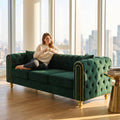 86" Chesterfield 3-Seater Velvet Sofa Couch, Button Tufted Rolled Arms with Gold Piping, Gold Metal Legs, Modern