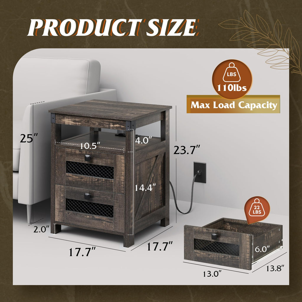 Night Stand with Charger Station, End Tables Bedroom, Bed Side Table with 2 Wooden Storage Drawers, Farmhouse