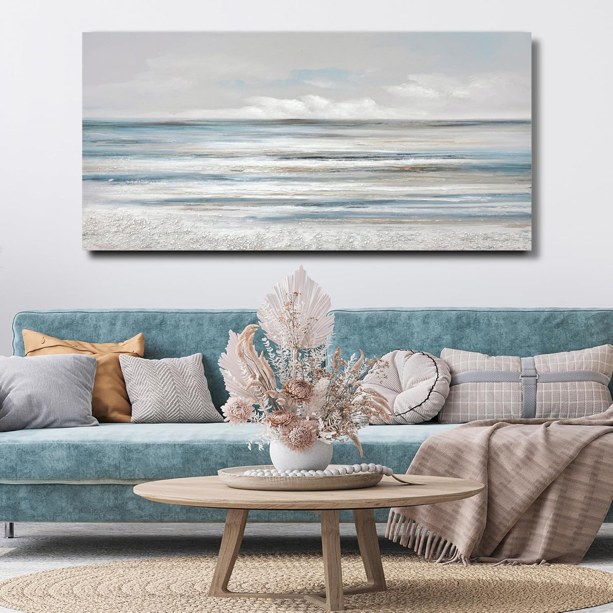 Abstract Wall Art Modern Coastal Wall Decor Textured Blue and White Sea Background Canvas Wall Art Bedroom Kitchen