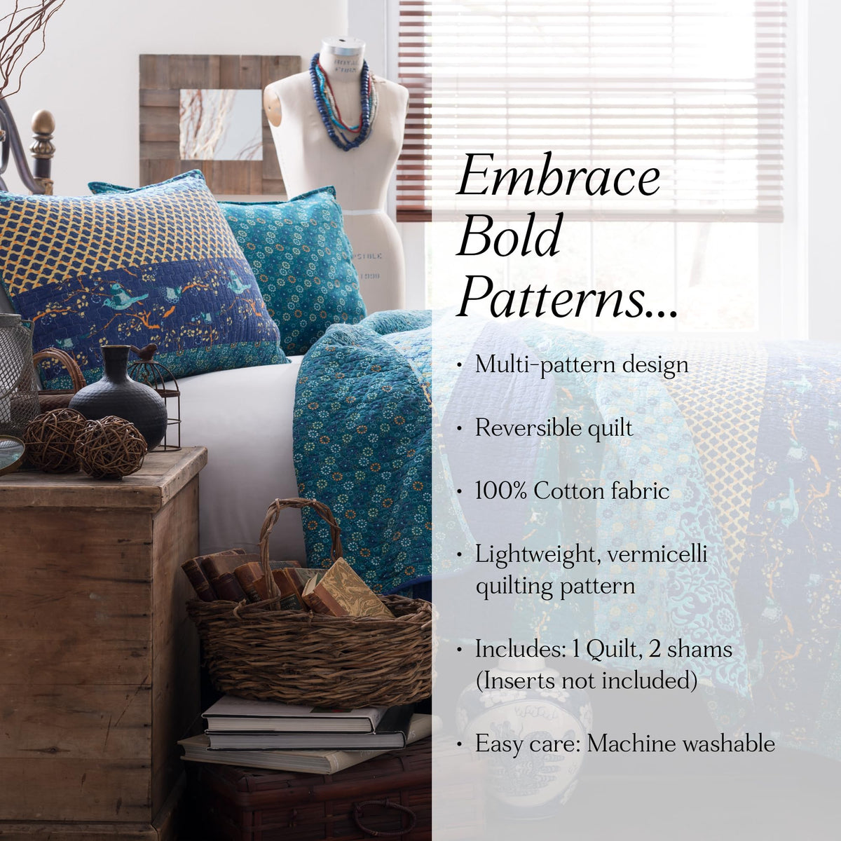 Royal Empire Reversible Cotton Quilt Set, 3 Piece Set, Peacock - Striped Bedding Set - Floral Quilt