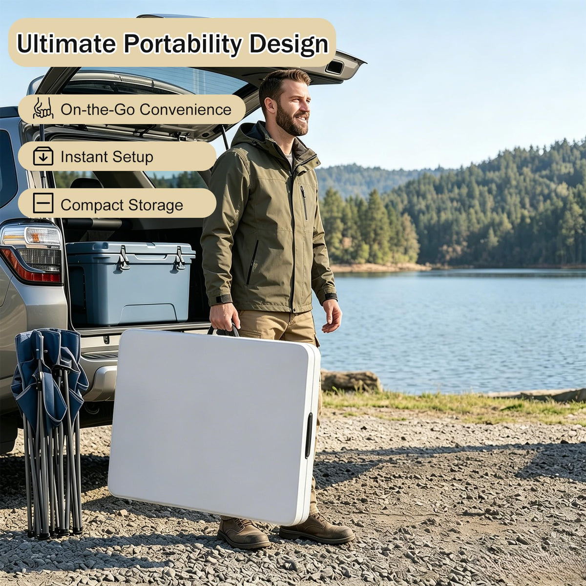 1 Set 6 FT Rectangle Folding Table with Carrying Handle, Lightweight Fold-in-Half Utility Table, with Matching White