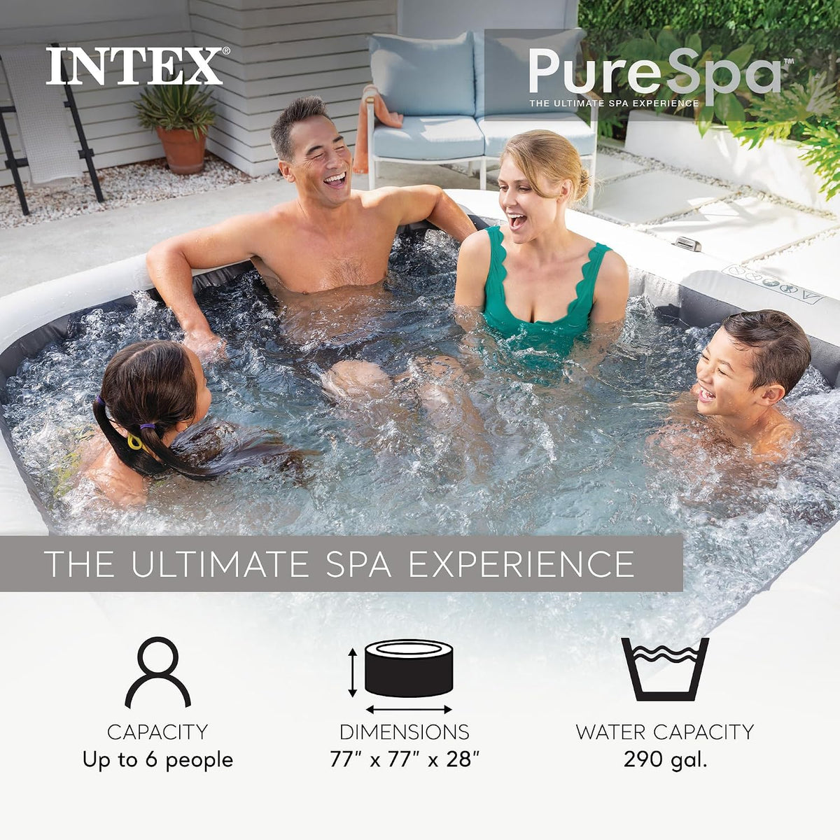 PureSpa 6 Person Inflatable Hot Tub with Energy-Efficient Spa Cover | 28451EP Greystone Deluxe: Built-in Hard Water