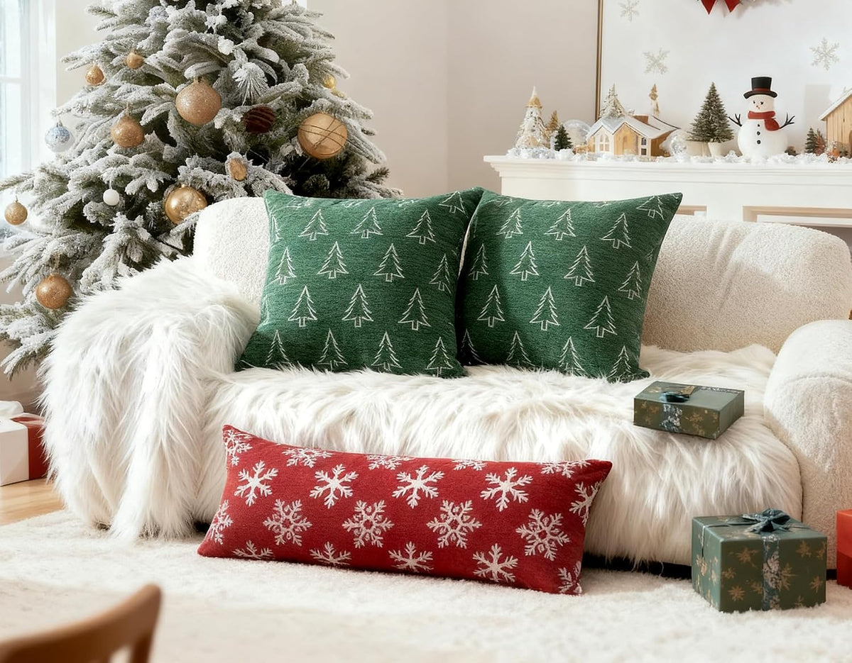 Soft Chenille Christmas Pillow Covers 20x20, Reversible Snowflake & Tree Pattern, Thick & Cozy Farmhouse - Set of 2