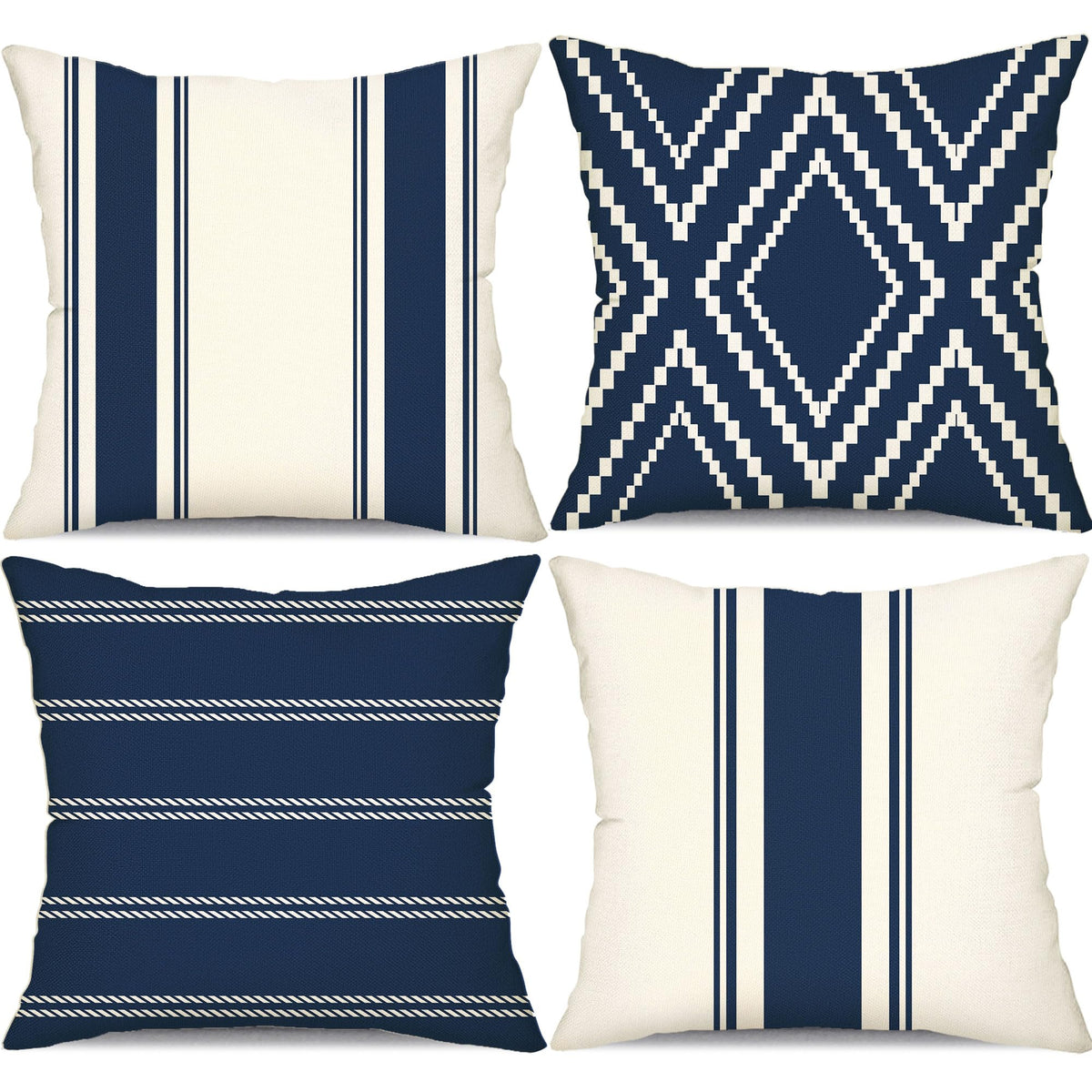 Outdoor Navy Blue Waterproof Geometry Pillow Covers 18x18 Set of 4